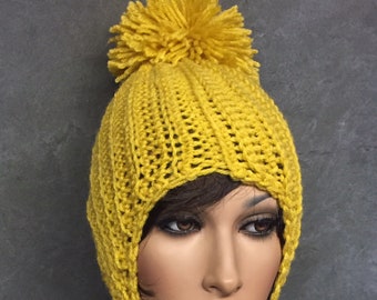 Crochet,Pom Pom Hat, Yellow, Women's accessories, Earflap Hat, Winter,Girls,Boho,Hippie,Handmade