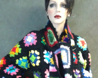 Crochet Jacket,Long Scarf,Granny Square, Size Small, Women,Clothing,1970's, Boho,Hippie,Vintage Style,Black,