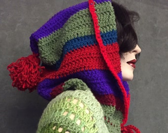 OOAK Crochet Poncho,One size fits most,Hooded,Women,Outerwear,Handmade, Cape, Red,Green,Girls,Fringe,Boho,Hippie