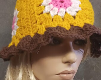Crochet Granny Square Bucket Hat: Handmade Daisy Cap, Boho Hippie Style