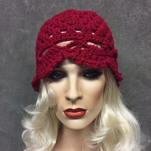 Crochet,Juliet Cap,Burgundy,Skull Cap,Lacey,Women,Accessory,Beanie,Handmade,Boho,Hippie image 2