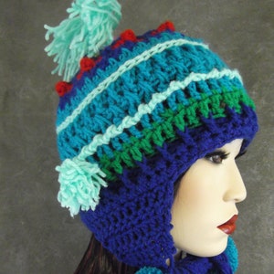 Crochet,Chullo-style Hat, Earflap,Accessory,Women,Blue,Green,Winter,OOAK,Freeform,Peruvian style, image 1