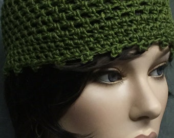 Crochet,Cotton,Olive Green,Skull Cap,Beanie,Accessory,Women,Girls,Boho,Hippie,Spring,Summer,Handmade,Vintage Style