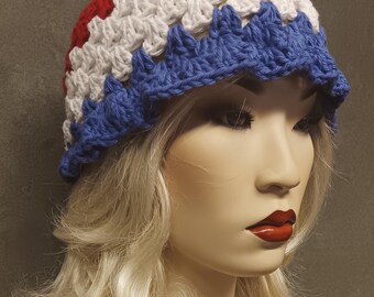 Crochet Cotton Skull Cap: Red, White, and Blue Ruffled Unisex Hat