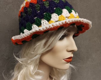 OOAK Crochet Bucket Hat: Multi-Colored Boho Hippie Accessory