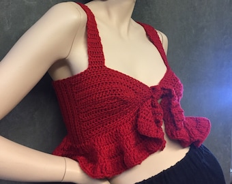 Red Crochet Top,Ruffles,Women's Clothing,Size Small,Boho, Girls, Teens,Crop Top,Sleeveless,V-Neck,Summer