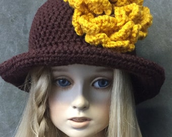 OOAK Crochet Hat,Brown,Toddler,Cloche,Crochet Flower,Children,Accessories, Bucket Hat,Girls,