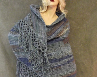 One-of-a-Kind Blue Tonal Shawl, Wrap, Women.Accessory, Winter, Outerwear, Beige, Silver, Brown,Teal, Taupe, Freeform Crochet,