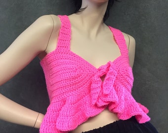 Pink Crochet Top,Ruffles,Women's Clothing,Size Small,Boho, Girls, Teens,Crop Top,Sleeveless,V-Neck,Summer