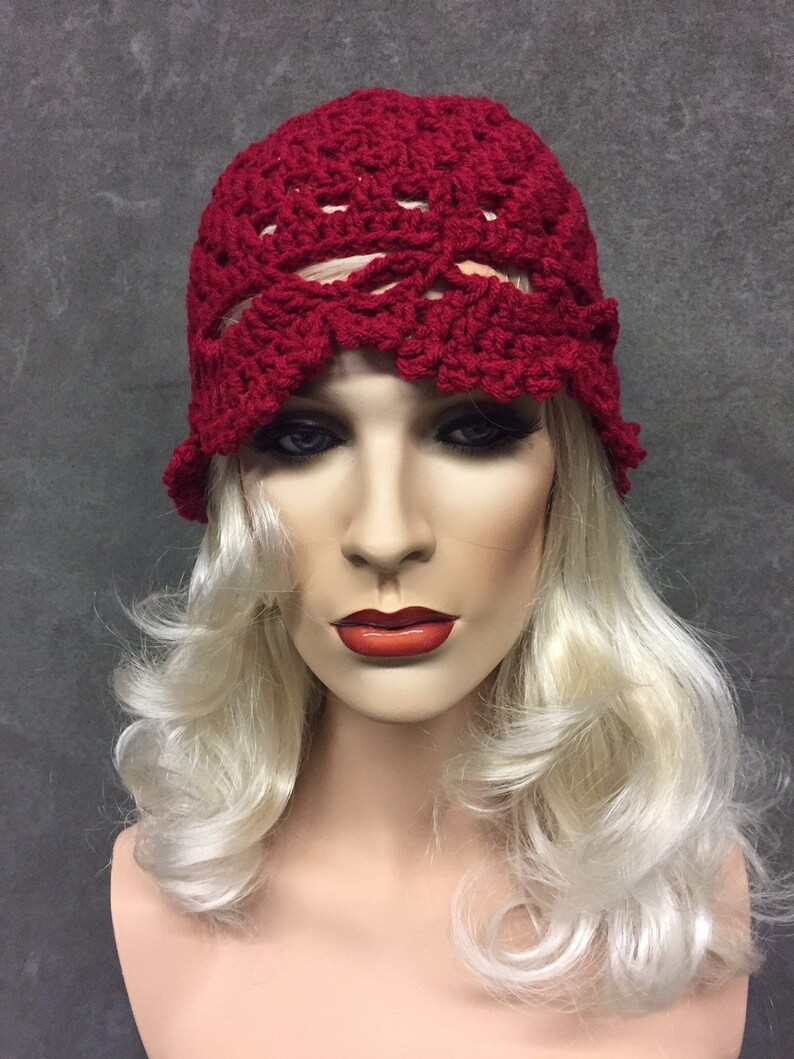 Crochet,Juliet Cap,Burgundy,Skull Cap,Lacey,Women,Accessory,Beanie,Handmade,Boho,Hippie image 2