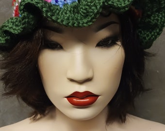 OOAK Crochet Reversible Bucket Hat, Boho Scrap Cap, Upcycled Yarns