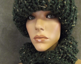 Hand Knit Toboggan and Collar Set,Green Tweed, Women, Winter, Hats, Ski Cap, Accessories, Warm,