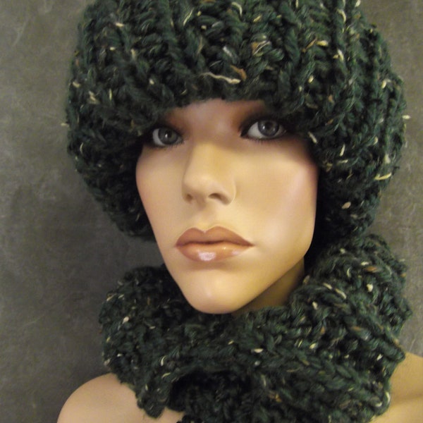 Hand Knit Toboggan and Collar Set,Green Tweed, Women, Winter, Hats, Ski Cap, Accessories, Warm,