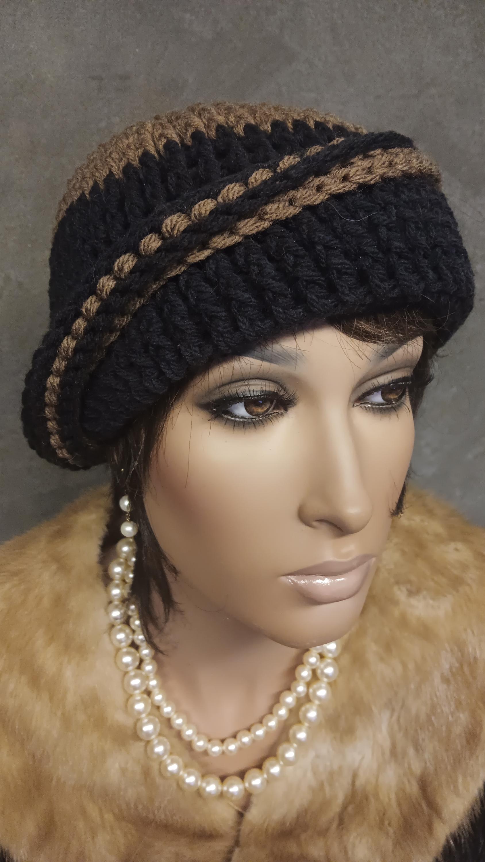 Elegant Black and Brown Crochet Cloche Hat Black Crochet Cloche Hat With Flower - Mohair Crochet Beanie  main image 4