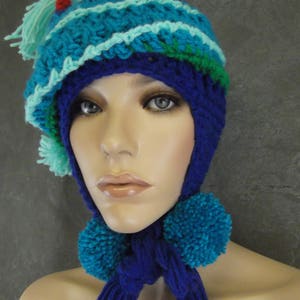 Crochet,Chullo-style Hat, Earflap,Accessory,Women,Blue,Green,Winter,OOAK,Freeform,Peruvian style, image 3