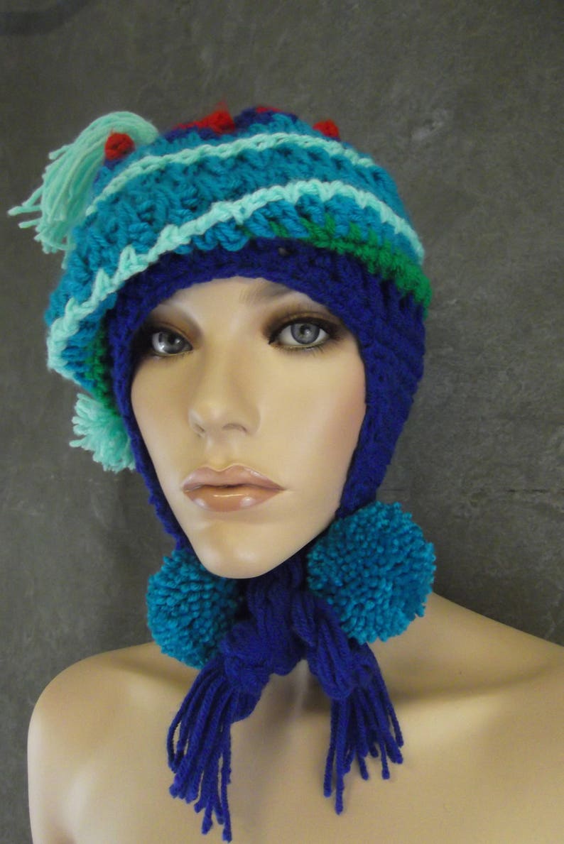 Crochet,Chullo-style Hat, Earflap,Accessory,Women,Blue,Green,Winter,OOAK,Freeform,Peruvian style, image 3