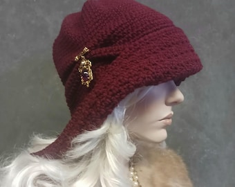 Crochet Cloche Hat in "Cranberry "Vintage-Style Acrylic Winter Hat