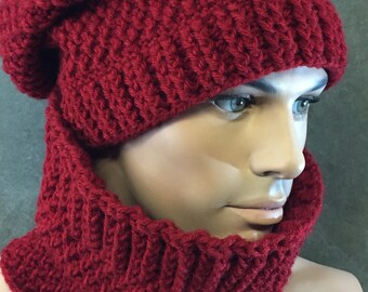 Crochet Slouchy & Cowl Set, Red,Boho,Hippie,Winter Hat,Accessories,Unisex,