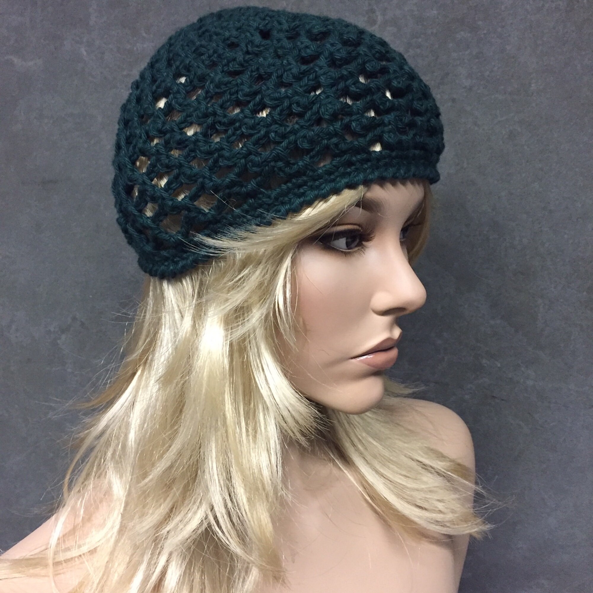 Created by Cyd Handmade Crochet Beanie Forest Green Mesh Knit Skull Cap Hat‎ NEW Crochet Mesh Hat- Skull Cap- Netted Mesh Beanie- Mesh Beanie  main image 3