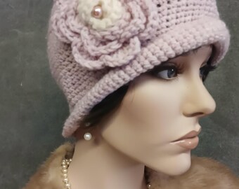 Crochet Cloche , Blush Pink,Flower Pin, Vintage 1920s Style