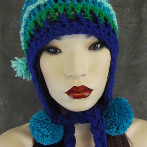 Crochet,Chullo-style Hat, Earflap,Accessory,Women,Blue,Green,Winter,OOAK,Freeform,Peruvian style, image 4