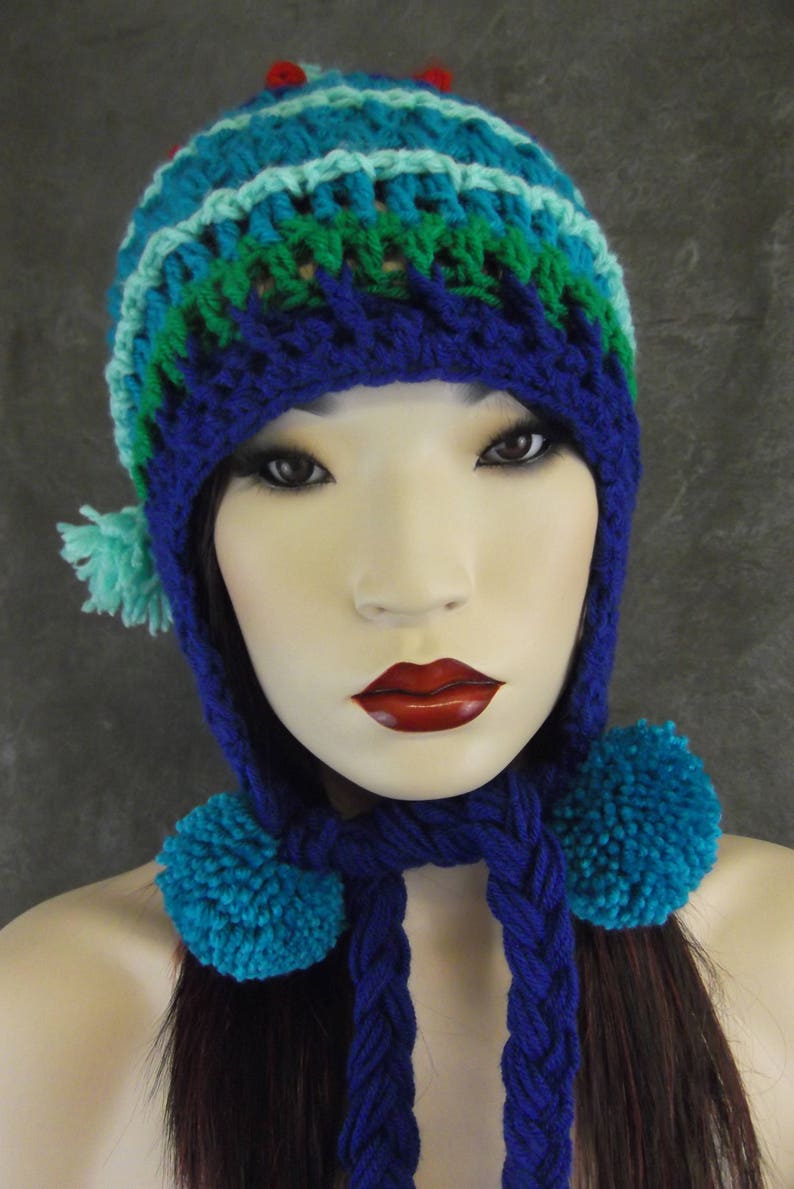 Crochet,Chullo-style Hat, Earflap,Accessory,Women,Blue,Green,Winter,OOAK,Freeform,Peruvian style, image 4