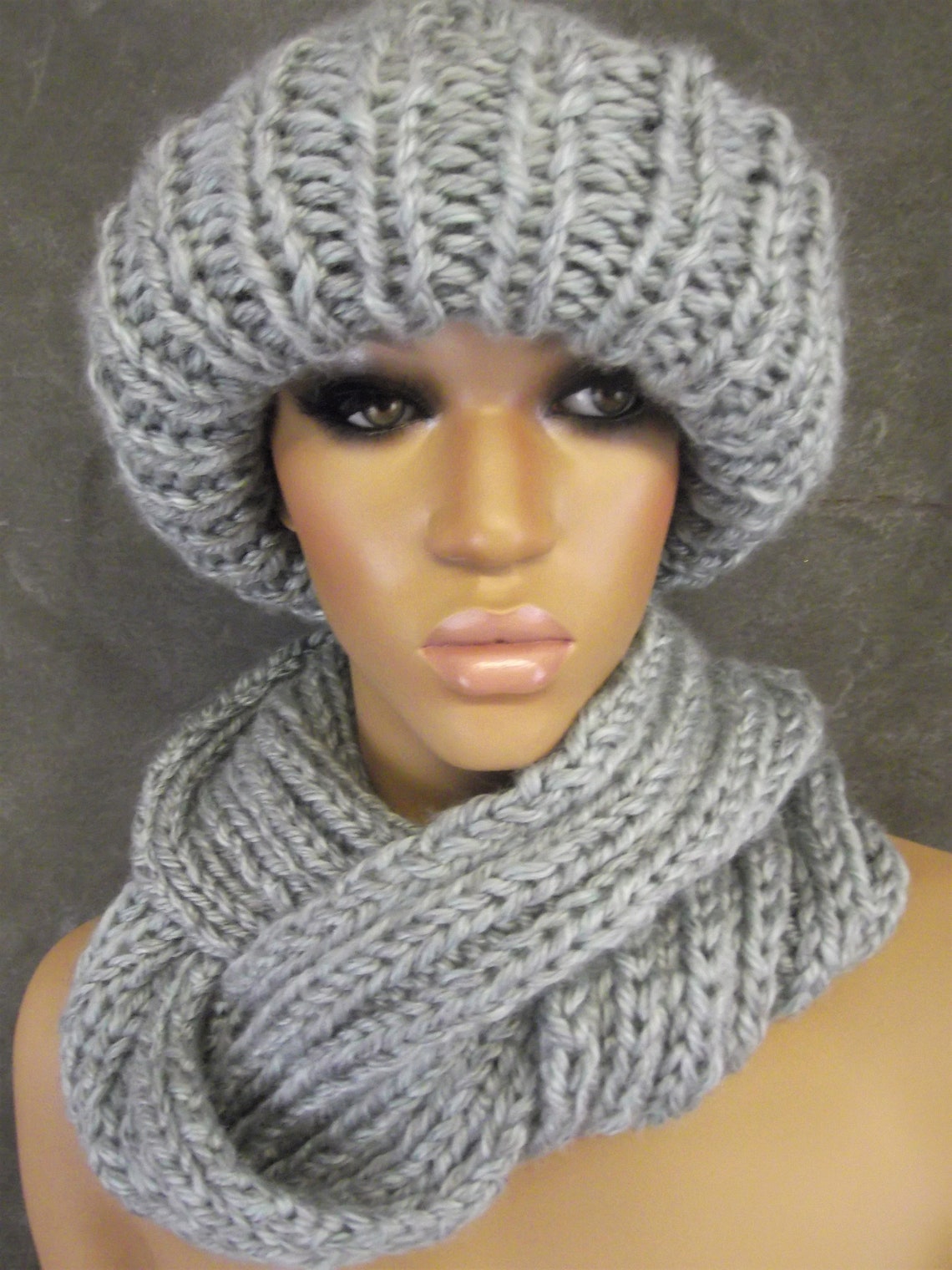 Knit Toboggan Hat/scarf Set Blue/graywomen Accessories Etsy