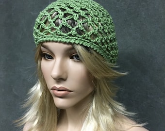 Crochet,Juliet Cap,Light Green,Cotton, Boho,Vintage Style,Handmade,Women,Accessories,Picot Stitch,