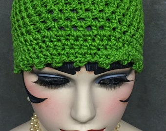 Crochet Cotton Skull Cap,Green,Accessory,Women,Teens,Handmade,Picot Edge,Boho,Hippie