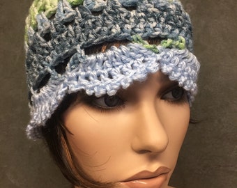 Crochet, Skull Cap, Blue,Green,Handmade,Boho,Beanie,Women,Girls,Accessories,Variegated,Juliet Cap,Vintage style