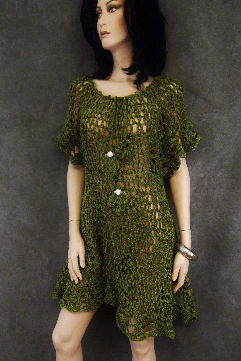 OOAK, Olive Green,Chenille,Crochet Dress,Women,Small, 3/4 sleeves,Clothing,Beach Coverup, image 1