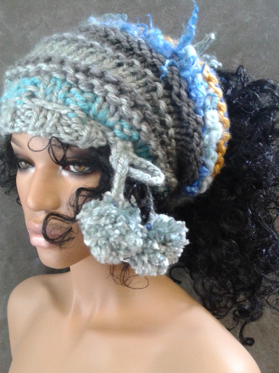 Hand Knit Messy Bun Hat: Blue, Gold, & Grey Boho Ponytail 