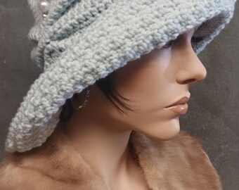Crochet Cloche Hat in "Artic Blue" Vintage-Style Hat