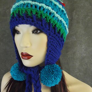 Crochet,Chullo-style Hat, Earflap,Accessory,Women,Blue,Green,Winter,OOAK,Freeform,Peruvian style, image 5