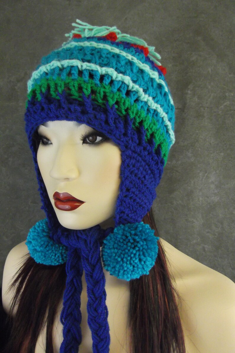 Crochet,Chullo-style Hat, Earflap,Accessory,Women,Blue,Green,Winter,OOAK,Freeform,Peruvian style, image 5