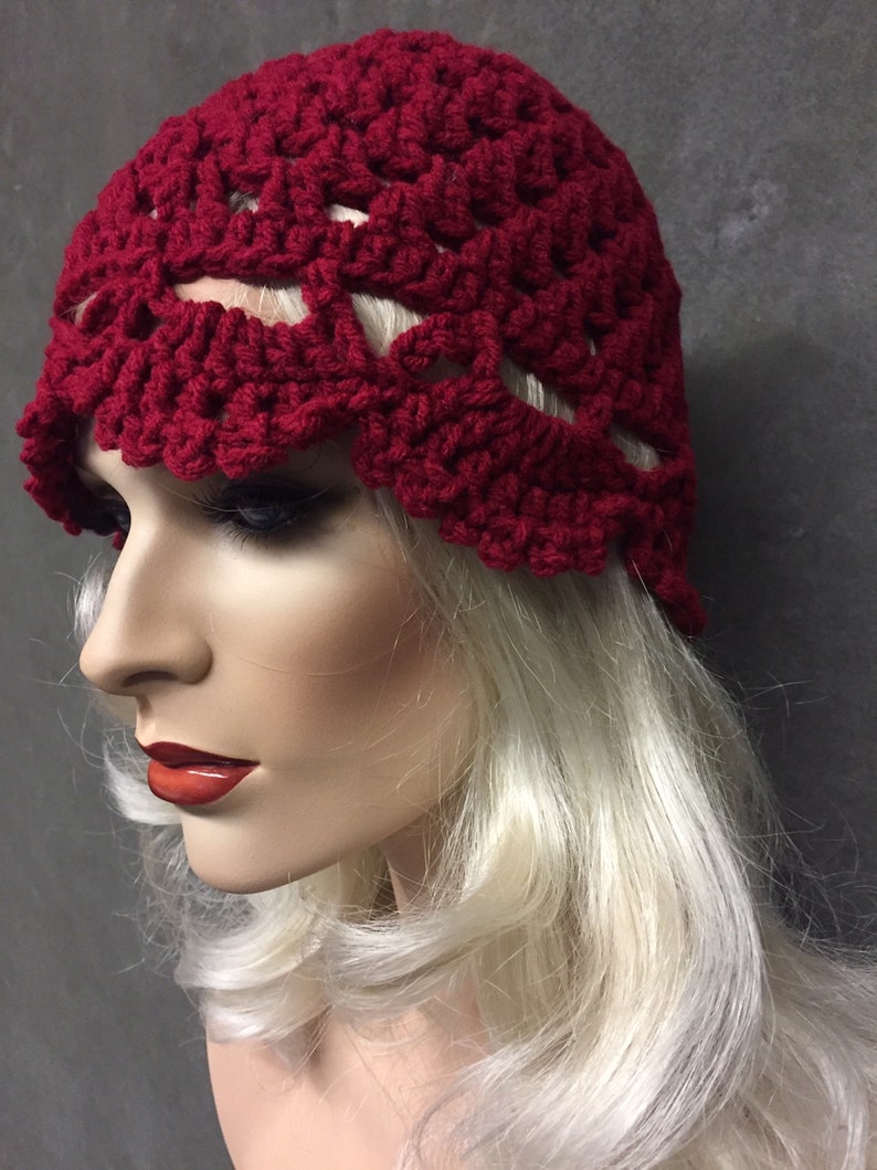 Crochet,Juliet Cap,Burgundy,Skull Cap,Lacey,Women,Accessory,Beanie,Handmade,Boho,Hippie image 3