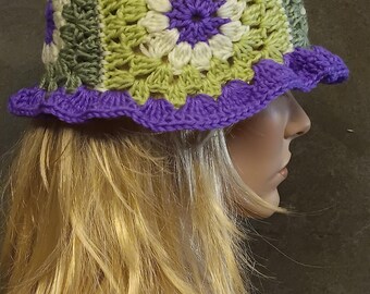 Crochet Granny Square Bucket Hat: Green, Purple, Boho Hippie