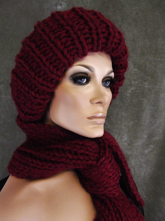 Hand Knit Burgundy Scarf and Hat Set: Winter Accessory - Etsy display picture 2