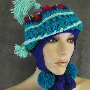 Crochet,Chullo-style Hat, Earflap,Accessory,Women,Blue,Green,Winter,OOAK,Freeform,Peruvian style, image 2