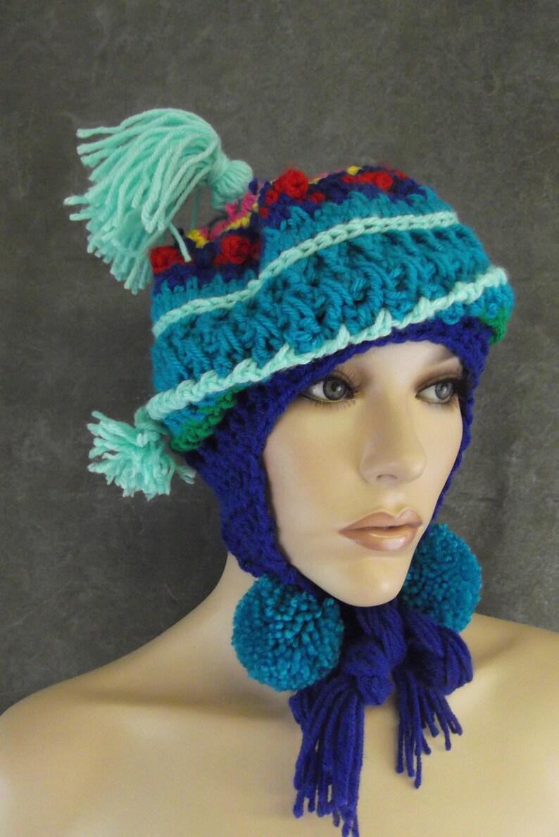 Crochet,Chullo-style Hat, Earflap,Accessory,Women,Blue,Green,Winter,OOAK,Freeform,Peruvian style, image 2