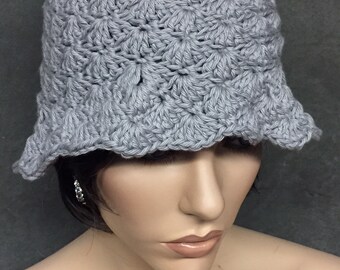 Gray Crochet Bucket Hat,Shell Stitch, Cotton, Women, Boho, Hippie,Accessories,Girls,Sun Hat,Chemo Cap,Vintage style,Handmade