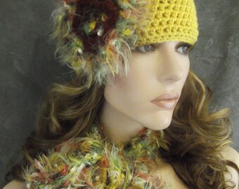 OOAK,Yellow Crochet Hat/Scarf Set, Accessory,Handmade Flower,Women,Skull Cap,Skinny Scarf,Brown