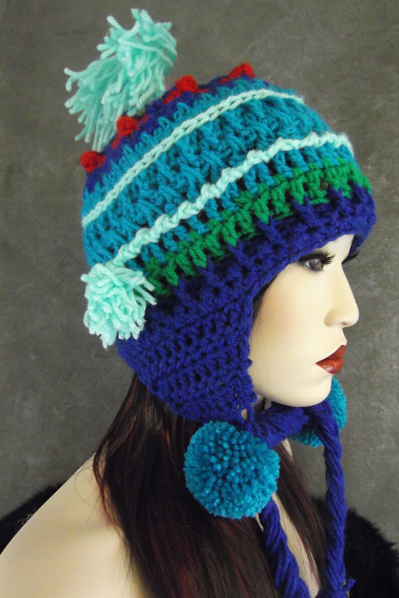 Crochet,Chullo-style Hat, Earflap,Accessory,Women,Blue,Green,Winter,OOAK,Freeform,Peruvian style, image 1