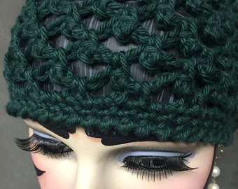 Crochet,Cotton yarn,Forest Green, Juliet Cap, Accessory,Women.Picot Stitch, Skull Cap,Boho,Vintage style, Hippie,Beanie