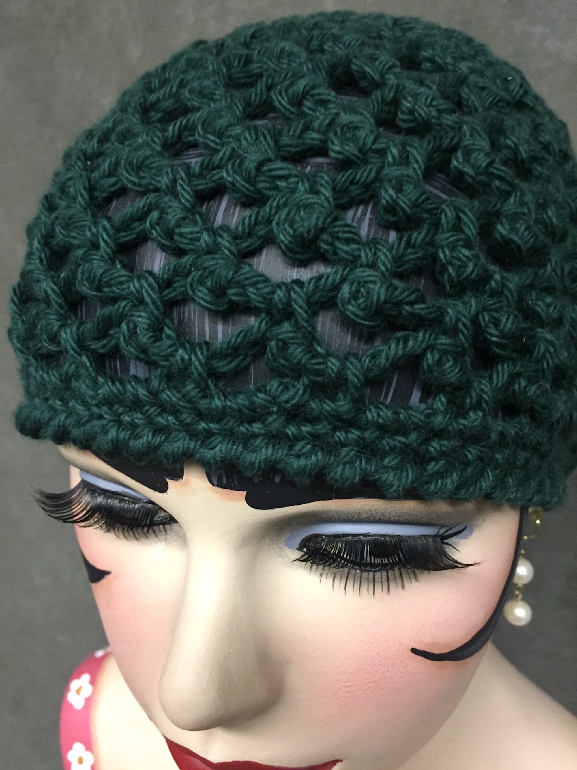 Crochet Cotton Skull Cap: Forest Green Vintage Style Beanie  display picture 3