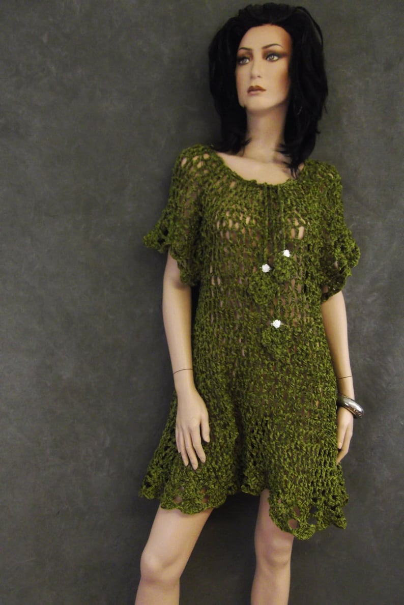OOAK, Olive Green,Chenille,Crochet Dress,Women,Small, 3/4 sleeves,Clothing,Beach Coverup, image 4