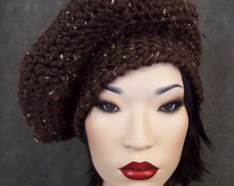 OOAK Crochet Beret, Brown Tweed,Brown Tam,French Style,Crochet Hat,Unisex Beret,Adults, Teens, Winter,Fall,Boho Chic,Women's Accessories