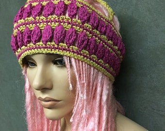 OOAK Crochet Skullcap,Extra-Large,Accessory,Women,Hats,Pink, Gold,,Cap,Cotton,Boho,Hippie,