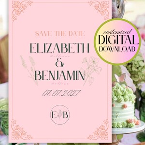 Carte "Retenez cette date" pour mariage en rose et vert