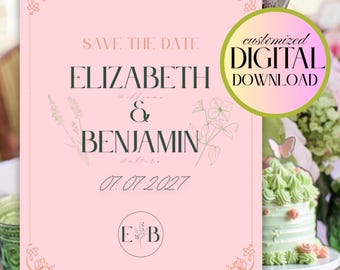 Wedding Save the Date Card in Pink and Green